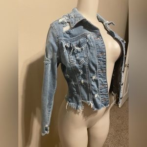 Distressed cropped denim jacket